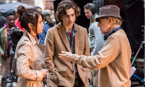 Selena Gomez, Timothée Chalamet and Woody Allen on the set of A Rainy Day in New York last year.