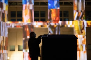 Technician Jack Oakford from The Electric Canvas checks on the projections. Sunday 28th February 2021. Photograph by Mike Bowers. Guardian Australia