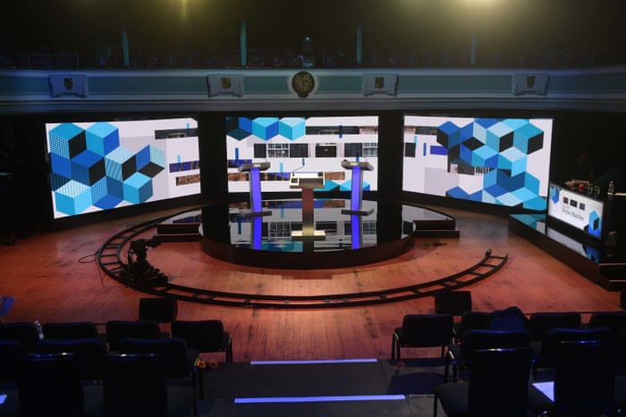 The set for the Liz Truss/Rishi Sunak debate in Victoria Hall, Stoke-on-Trent. It will be on BBC 1 at 9pm.