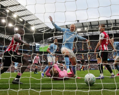 Erling Haalad scores his 26th goal of the Premier League season in Manchester City’s win over Brentford