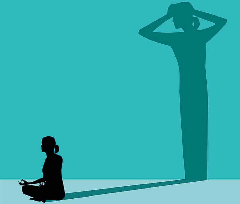 Illustration of woman meditating with a shadow of the same woman holding her own head