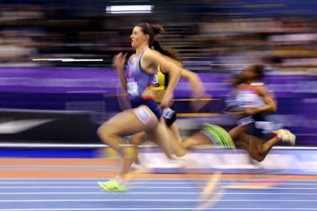 Amy Hunt on the move in the 60m at the UK Athletics Indoor Championships in February.