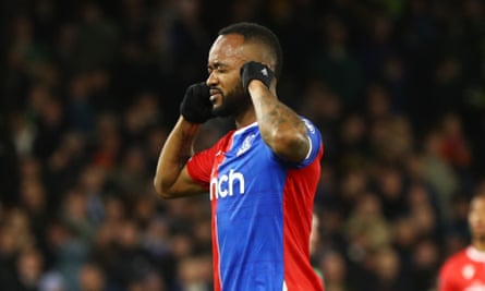 Jordan Ayew celebrates after giving Crystal Palace the lead against Brighton.