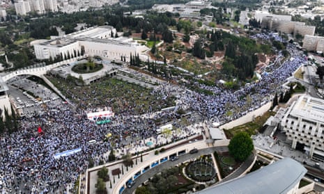 Tens of thousands Israelis protest against Prime Minister Benjamin Netanyahu's judicial overhaul plan outside the parliament in Jerusalem.