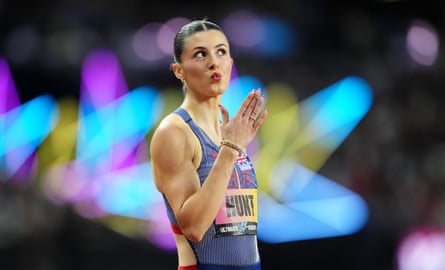 Amy Hunt in front of lights at an athletics track