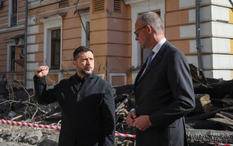German Chancellor Friedrich Merz visits KyivUkraine’s President Volodymyr Zelenskiy and German Chancellor Friedrich Merz visit the site of an administrative building of Ukraine’s National Academy of Sciences hit during recent Russian drone strikes, amid Russia’s attack on Ukraine, in Kyiv, Ukraine, October 4, 2026. REUTERS/Gleb Garanich