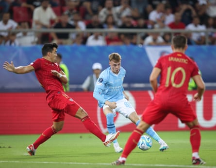 Cole Palmer occupies the Sevilla defence during Manchester City’s Super Cup victory in August.