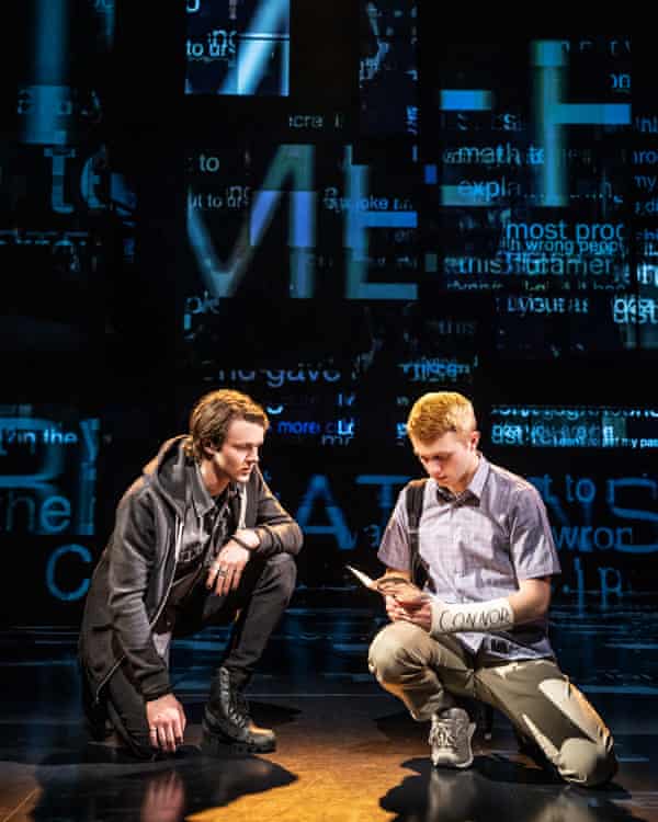 Dear Evan Hansen is now playing at the Noël Coward Theatre l-r. Doug Colling (Conor Murphy), Sam Tutty (Evan Hansen) photo by Matthew Murphy