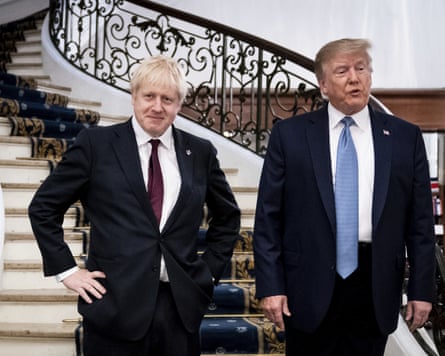 Boris Johnson and Donald Trump stand beside one another at the foot of a grand spiral staircase