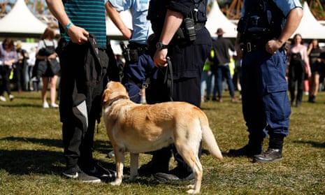 Police officers and drug detection dogs walk among festival-goers.