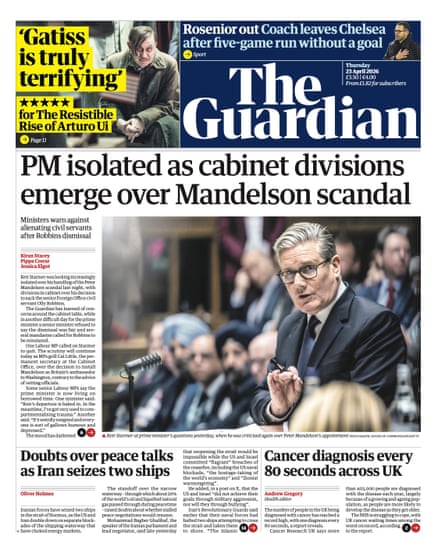 Guardian front page, Thursday 23 April 2026