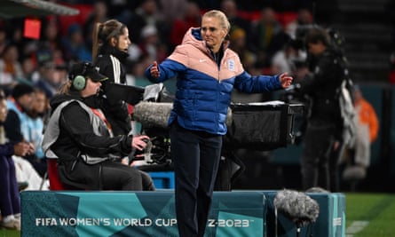 The England manager, Sarina Wiegman, on the touchline during the World Cup group game against China. 