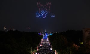 Drones make a shape of a corgi above the Platinum Party at the Palace in front of Buckingham Palace