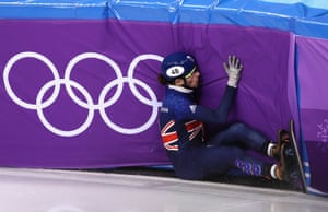 Farrell Treacy crashes out of contention during the men’s 1500m short-track speed skating.