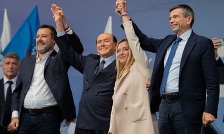 Matteo Salvini, Silvio Berlusconi, Giorgia Meloni and Maurizio Lupi attend a political meeting organised by the right-wing political alliance on 22 September in Rome.