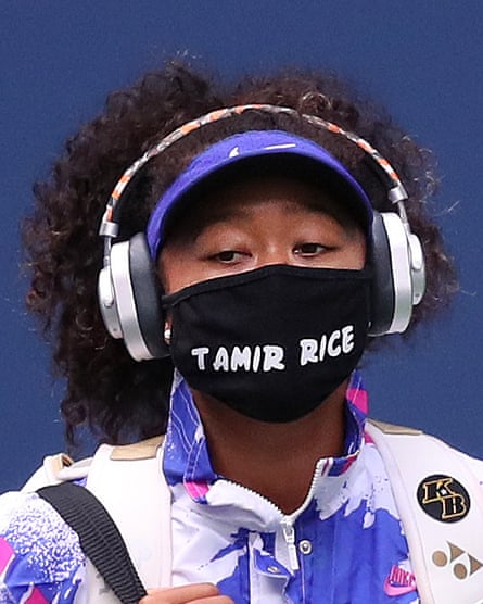 Naomi Osaka wearing a mask commemorating Tamir Rice