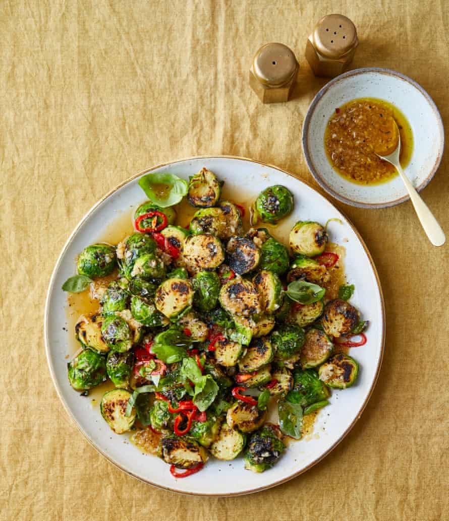 Yotam Ottolenghi’s charred brussels sprouts with lime dressing and basil.