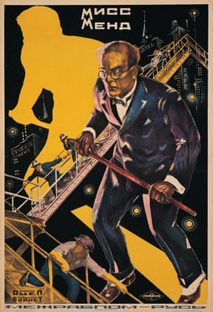 Anton Lavinsky, Film poster for Miss Mend, 1927The artists experimented with the same innovative cinematic techniques used in the films they were advertising, such as extreme close-ups, unusual angles and dramatic proportions.