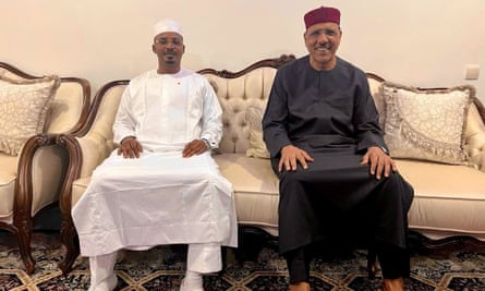 Niger’s ousted president, Mohamed Bazoum (right), seen in an image posted on Monday sitting alongside the Chadian president