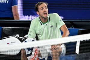 Daniil Medvedev remonstrates with the chair umpire.