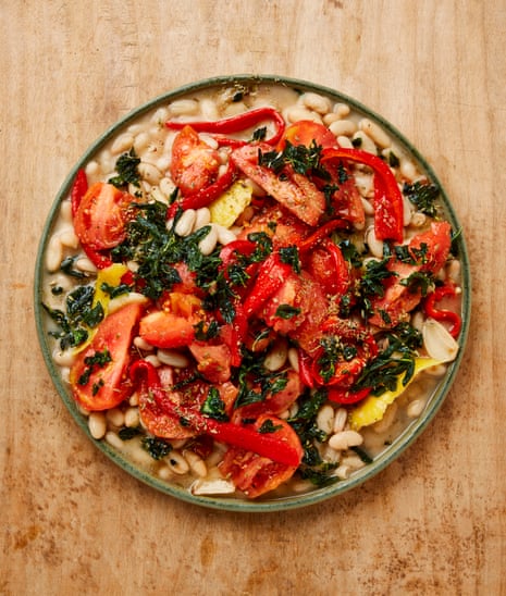 Yotam Ottolenghi's cannellini beans with grilled tomatoes and crisp oregano.