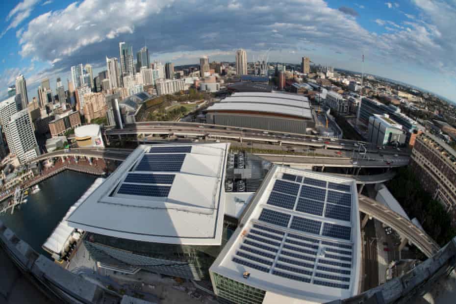 Sydney Renewable Power Company’s 520kW solar installation on top of the new International Convention Centre in Darling Harbour