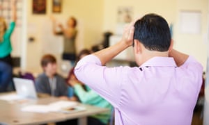 A stressed teacher in a classroom