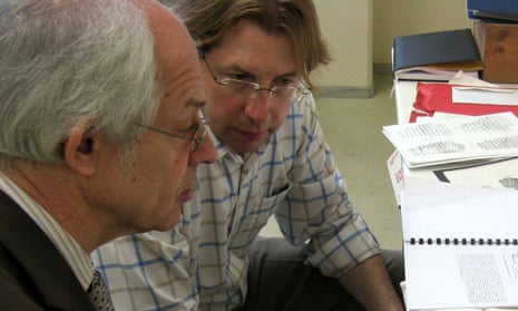 Dr Dirk Obbink and Apostolos Pierris examine facsimile images of a 2,400-year old scroll in Thessaloniki, Greece.