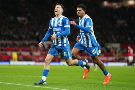 Brajan Gruda (left) runs with joy after scoring Brighton’s first against Manchester United