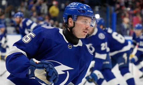 Tampa Bay Lightning’s Cole Koepke wears a protective neck guard before a game this month