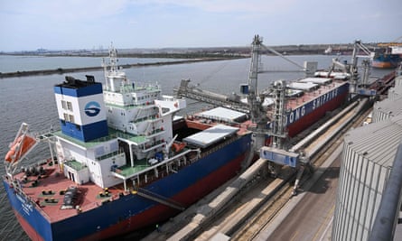 A ship is loaded at a grain terminal in Constanța harbour in Romania.