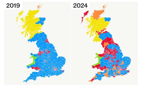 Electoral map after 2019 election, compared with after 2024 election as suggested by poll
