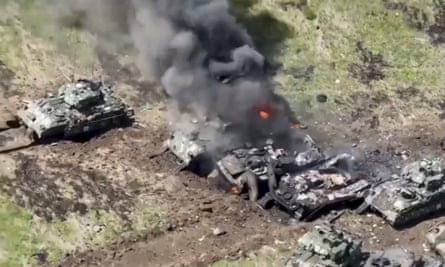 German built Leopard-2A6A and American BMP M2 Bradley tanks are seen destroyed in combat in the Zaporizhzhia region, southern Ukraine