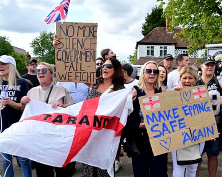 Protesters demonstrate near the Bell hotel, used to house asylum seekers in Epping, 20 July 2025.