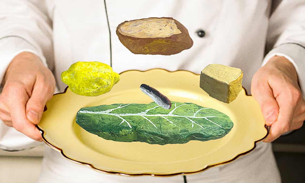 Animation of a waiter holding a plate, above which salad ingredients are spinning.
