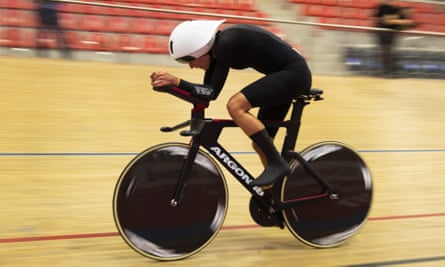 Joss Lowden on the track at the Grenchen velodrome in Swtizerland.