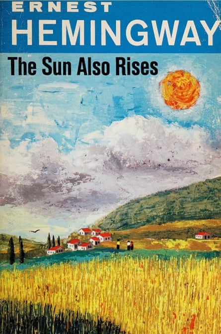 book cover for The Sun Also Rises by Ernest Hemingway with painting of landscape with houses in background