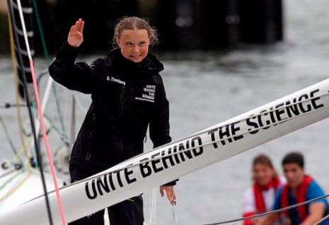 Greta Thunberg, 16, arrives in the US after a 15-day journey crossing the Atlantic in the Malizia II, a zero-carbon yacht, on August 28 in New York.