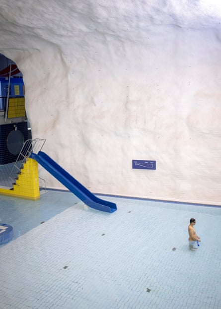A water slide into a pool in the Itäkeskus aquatic and multi-sports centre, in a bunker in Helsinki.