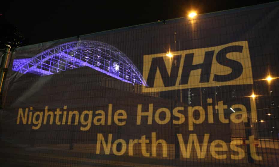 The site of the Nightingale hospital in Manchester on Saturday night. 