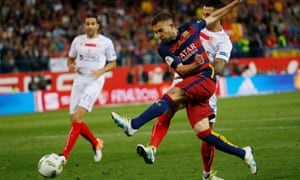 Jordi Alba sneaks in behind the Sevilla defence to give Barcelona the lead.