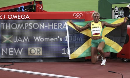 Jamaica’s Elaine Thompson-Herah celebrates after winning the women’s 100m athletics final.