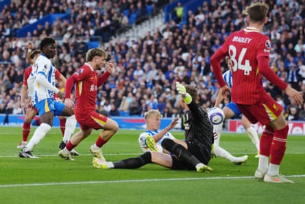 Liverpool’s Harvey Elliott scores his side’s first goal in the Premier League match at Brighton in May