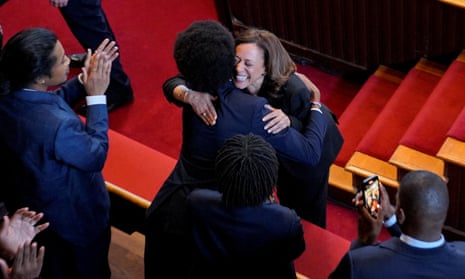 Vice-president Kamala Harris hugs expelled representative Justin Pearson before an address at Fisk Memorial Chapel. 