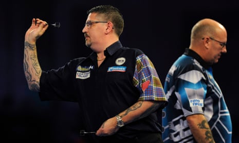 Gary Anderson in action during his second-round victory over Kevin Burness at the PDC World Championship at Alexandra Palace on Friday.
