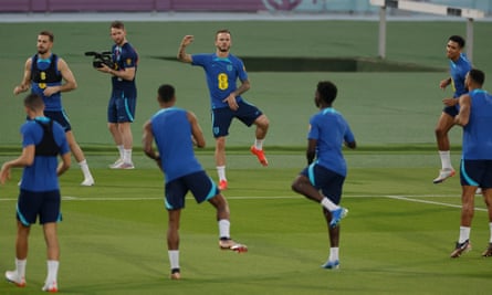 James Maddison trains with his England teammates at the Al-Wakrah Stadium in Doha.