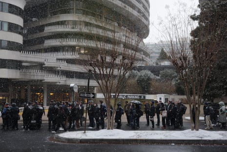 Member of the media are seen queuing outside the John F Kennedy Center