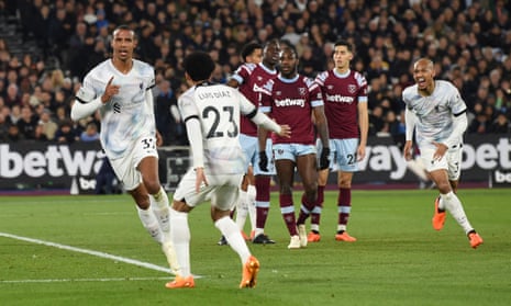 Liverpool’s Joel Matip (left) celebrates scoring his side’s second goal of the game at West Ham.