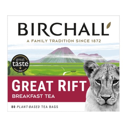 The front of a box of a brand of teabag called Birchall Great Rift Everyday Tea 250g