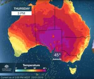 The extreme heatwave forecast map for Thursday. Adelaideâ€™s all-time temperature record has been broken as hot weather sweeps across South Australia, Victoria, Tasmania and NSW.